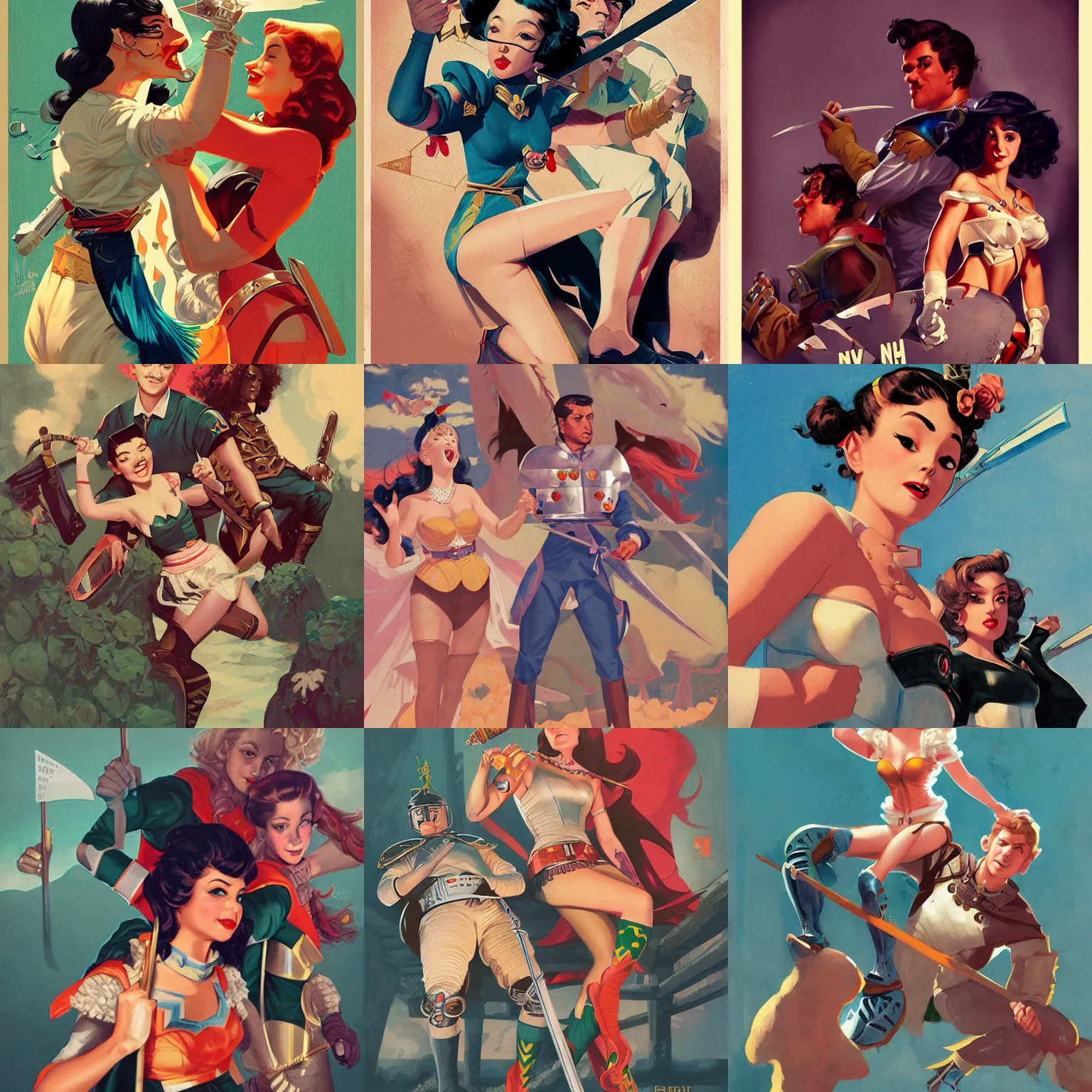 Prompt: Knights Who Say 'Ni!' , art by Gil Elvgren and Fernanda Suarez and Sachin Teng