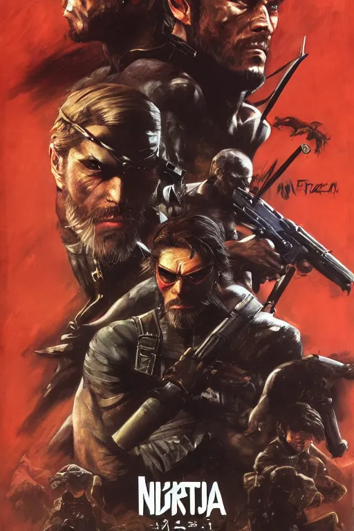 Prompt: Movie poster of Ninja from Metal Gear Solid, Highly Detailed, Dramatic, eye-catching, A masterpiece of storytelling, by frank frazetta, ilya repin, 8k, hd, high resolution print