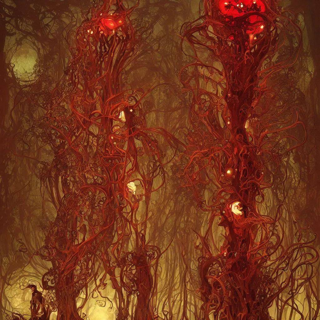 Prompt: fungus monsters by john sweeney and chris mars, red veins by alphonse mucha, intense lighting, light beams, lens flare, intricate, elegant, nightmare, highly detailed, digital painting, artstation, concept art, smooth, sharp focus, illustration