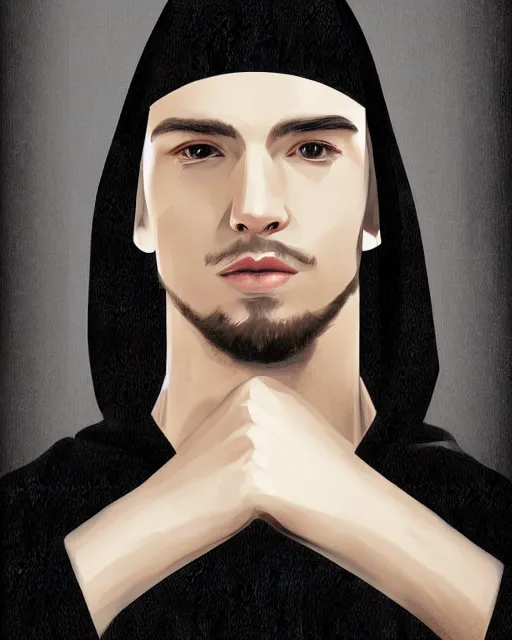 Prompt: digital art portrait of a young man in dark robes, hooded, made by WLOP, WLOP