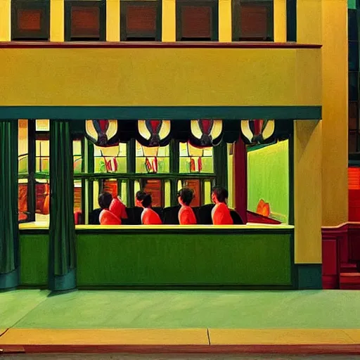 Image similar to green people at red art deco restaurant, open ceiling, highly detailed, painted by Edward Hopper, painted by James Gilleard, surrealism, airbrush