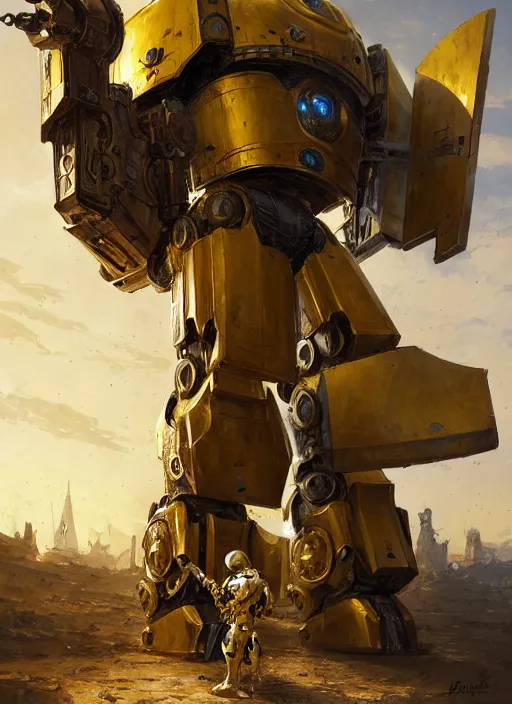 Image similar to human-sized strong intricate yellow pit droid holding large paladin medieval shield!!! and a long medieval engraved powerful great sword, pancake short large head painterly humanoid mecha, beautiful fantasy background by Greg Rutkowski