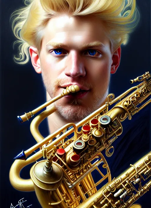 Prompt: portrait of a blond man playing sax, warhammer 40000, cyberpunk, intricate, elegant, highly detailed, digital painting, artstation, concept art, smooth, sharp focus, illustration, art by artgerm and greg rutkowski and alphonse mucha and Gustav Klimt, hippie face hair style