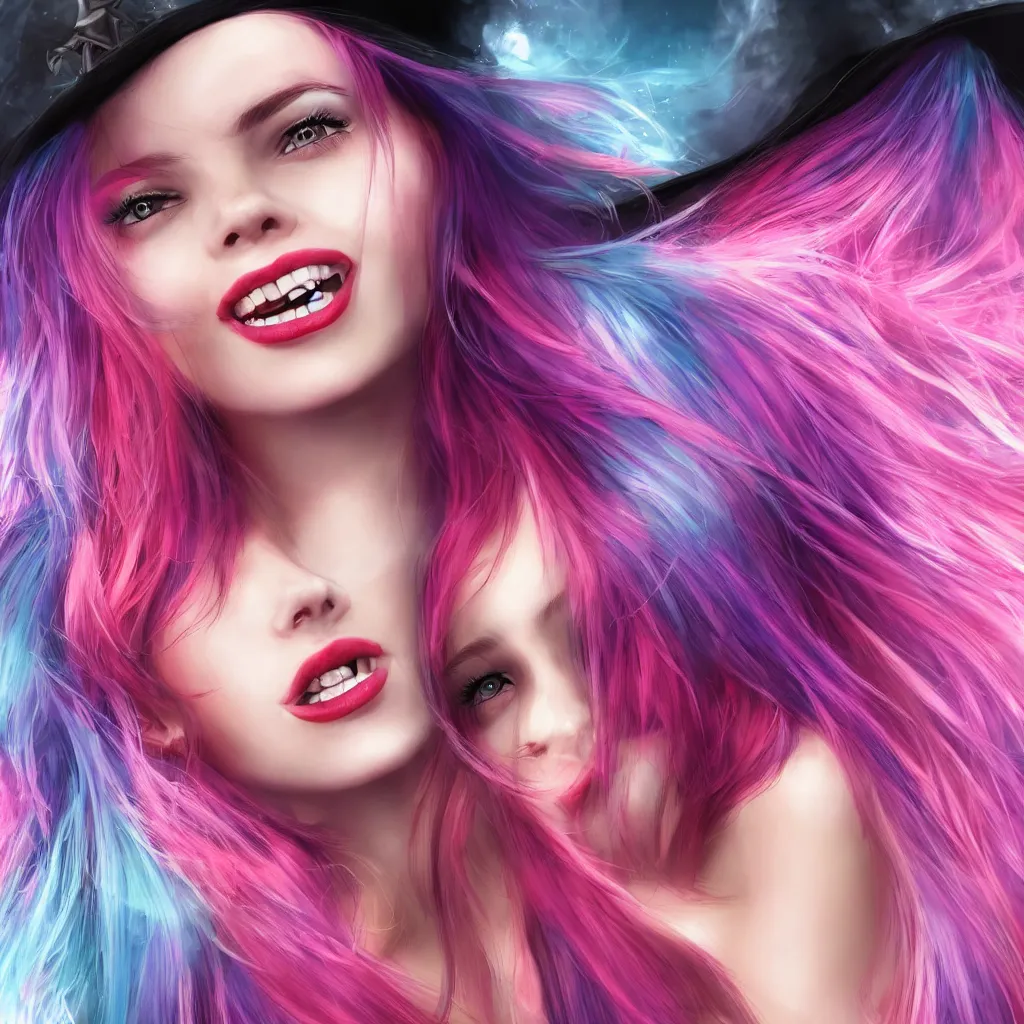 Image similar to ultra realistic portrait of a hot witch , colorful hair, pink lips, gorgeous smile, stunning, hottest, 8K resolution, deviantart,