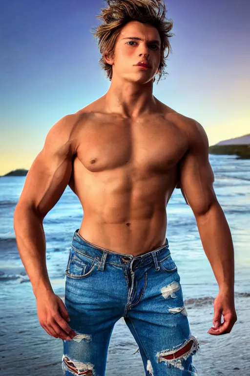 Prompt: a very muscular and defined male teen wearing ripped pants and shirt looking to the sea at sunset, godrays, complementary colors, natural lighting, portait image, path tracing, serene landscape, high quality, highly detailed, 8K, soft colors, warm colors, turbulent sea, high coherence, anatomically correct, hyperrealistic, concept art, defined face, five fingers