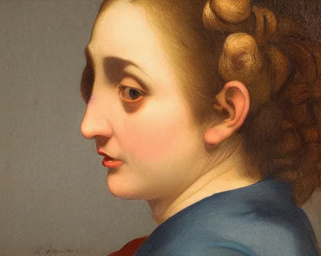 Prompt: colored portrait. the same style. a very unique profile, seen from the side, medium shot, of a woman's profile, with fat face, a straight and long nose, and huge and prominent eyes. her hair is curly. old photograph. sharp image. academicism, highly detailed, color harmony, art station, ornate, caravaggio style. old photography