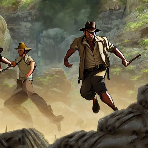 Image similar to Indiana Jones being chased by a boulder trap underground, boulder chase, inside ancient stone temple background, Indiana Jones running away from big round stone, raiders of the lost ark, detailed background, anime key visual