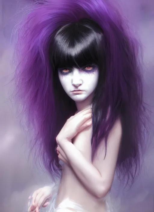 Image similar to hair blackbangs hair, white cyberlox, portrait of normal teenage girl, normal face, black bangs, messy bangs, fluffy bangs, cyberlox, whitebangs, red contact lenses, purple background, intricate, elegant, highly detailed, digital painting, artstation, concept art, sharp focus, smooth, illustration, art by wlop, mars ravelo and greg rutkowski