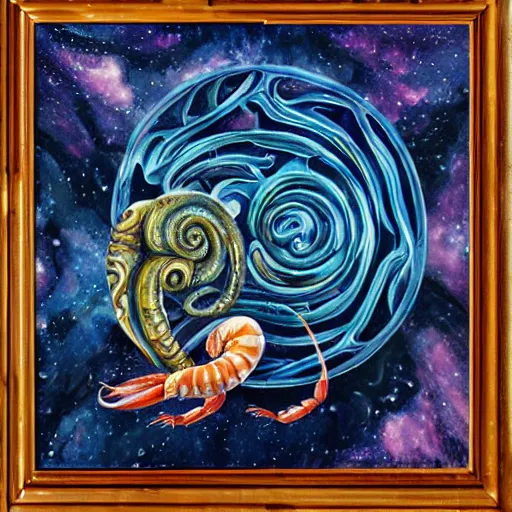 Prompt: painting of ornate space ship, nebulae background, nautilus, shell, tentacle, 4 0 k warhammer, shrimp, prawn