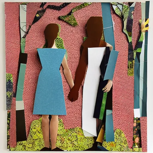 Image similar to paper collage art made of cut up magazines depicting two women holding hands in a forest during summer