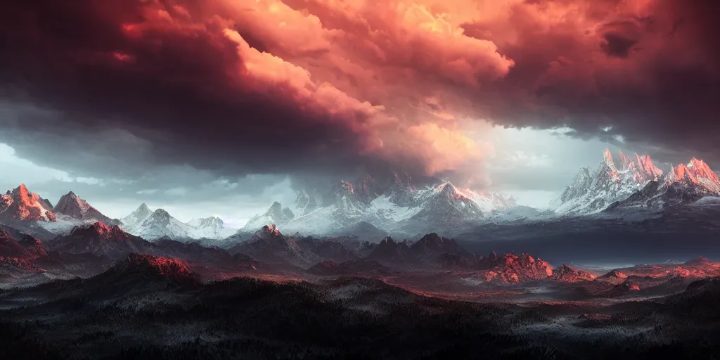 Prompt: a storm dark and brooding far away in the distance, snowcapped mountains in the foreground during sunset, nature, cinematic, hyperrealistic, evil, dark, cgsociety, 8 k