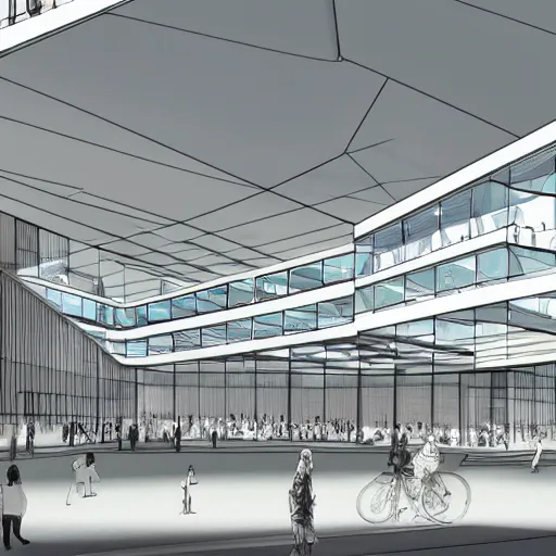 Prompt: section plan of cultural centre designed by OMA, big foyer, light entering the building, fully equiped, detailed drawing, architecture competition