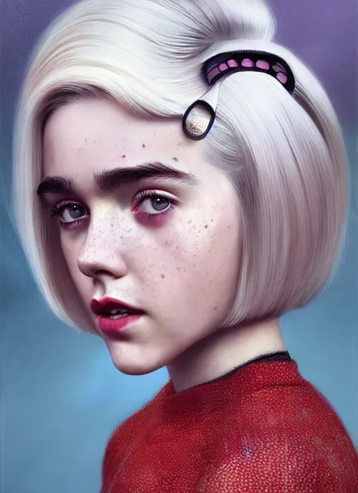 Image similar to portrait of kiernan shipka with freckles, white hair, 1 9 6 0 s bob hairstyle, hairstyle with bangs, 1 9 6 0 s bob hair with bangs and hairband, intricate, elegant, glowing lights, highly detailed, digital painting, artstation, concept art, smooth, sharp focus, illustration, art by wlop, mars ravelo and greg rutkowski