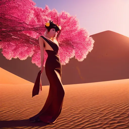 Image similar to innovative avant-garde art, deco fashion, japanese women, cherry blossom theme, highly detailed, photorealistic portrait, serene desert setting, golden hour, crisp quality and light reflections, unreal engine 5 quality render