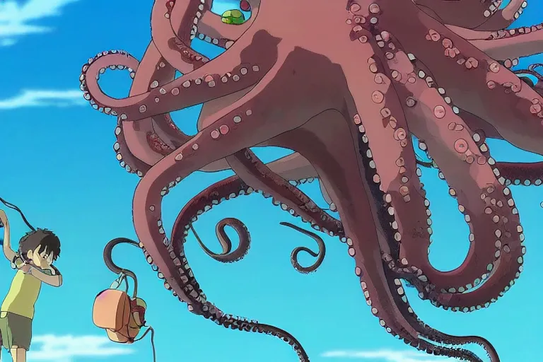 Image similar to screenshot from the studio ghibli film, my neighbor octopus, miyazaki movie, hi res 4 k animation