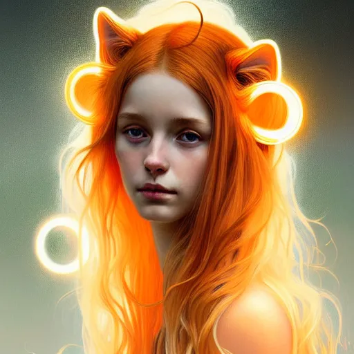 Prompt: Portrait of a girl angel with pale orange colored frizzy strands of illuminated hair, cat ears on her head, glowing halo, Lion's Mane, fantasy, intricate, elegant, highly detailed, digital painting, artstation, concept art, smooth, sharp focus, illustration, art by Krenz Cushart and Artem Demura and alphonse mucha