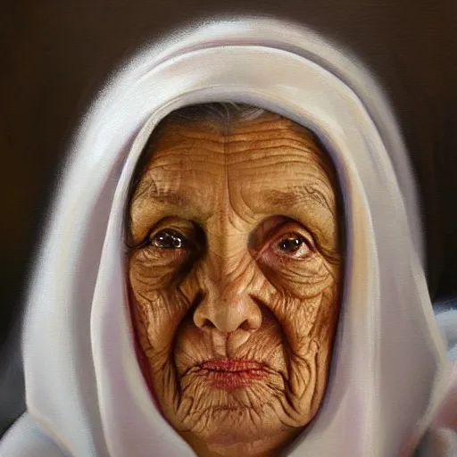 Prompt: medical heating eye bag, old woman, in the glamour style, oil painting, high definition, airbrush,