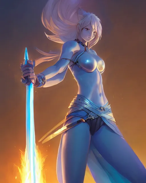 Prompt: a female warrior holding a glowing blue sword, magical. By Makoto Shinkai, Stanley Artgerm Lau, WLOP, Rossdraws, James Jean, Andrei Riabovitchev, Marc Simonetti, krenz cushart, Sakimichan, trending on ArtStation, digital art.