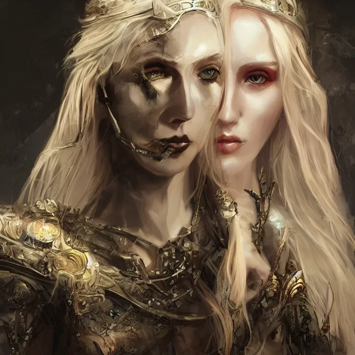 Prompt: blonde elvish empress, nuclear fashion, post apocalyptic, suave, beauty, hd, concept art, art station, digital art, by leng jun