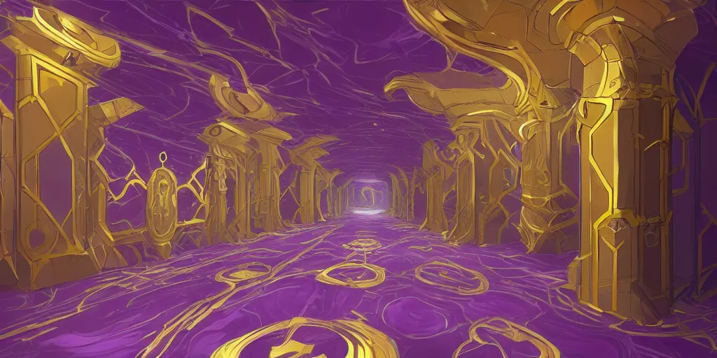 Image similar to ultrawide shot of purple marble hallway, giant gold pillars, floating purple geometric shapes, concept art, anato finnstark style,