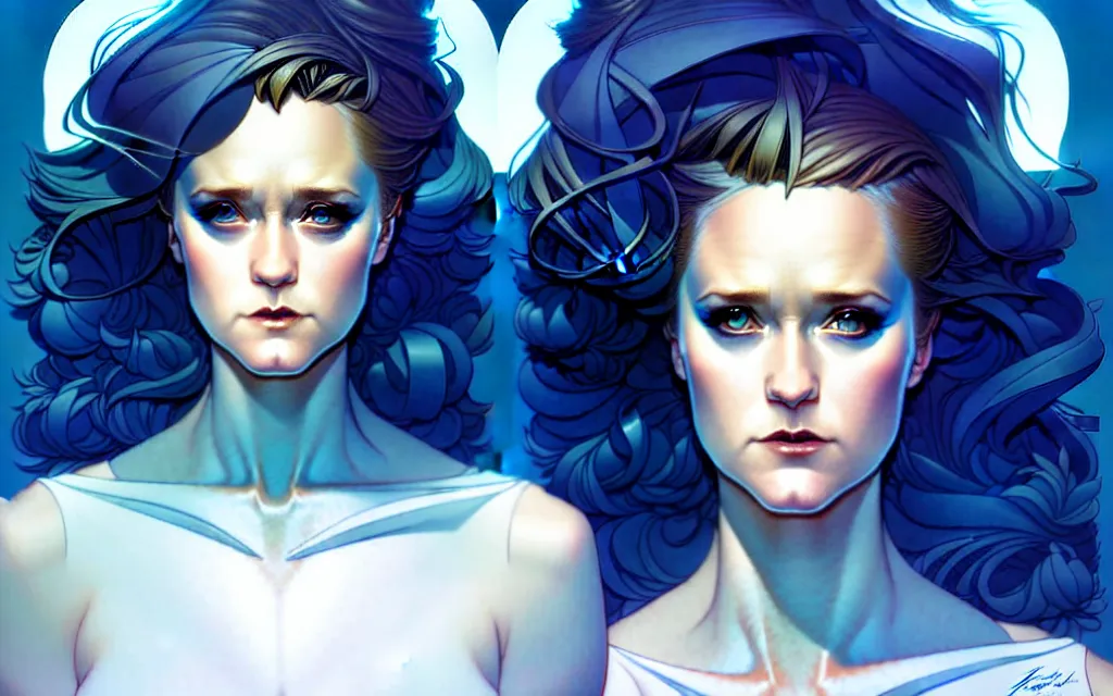 Image similar to artgerm, joshua middleton comic cover art, full body pretty evan rachel wood ice queen, symmetrical eyes, symmetrical face, long curly blue hair, icy forest, chiral lighting