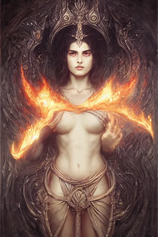 Prompt: fire sorceress, in the style of greg rutkowski, symetrical,oryantalist, photo realistic, 8k, epic, ultra detailed, by Gustave Doré, by Marco Turini, by Artgerm, Deviantart in the style of Tom Bagshaw, Cedric Peyravernay, Peter Mohrbacher by William-Adolphe Bouguereau, by frank frazetta, symetrical features, joyful