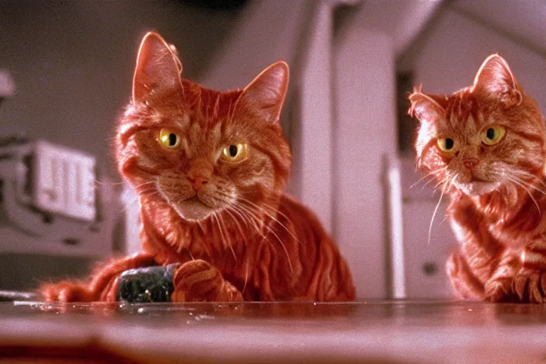 Prompt: filmic wide shot angle movie still 35mm film color photograph of a shape shifting horrific nightmarish red tabby cat organism from The Thing 1982 attacking a mutilated deceased doctor who is completely drenched in blood in the style of a horror film