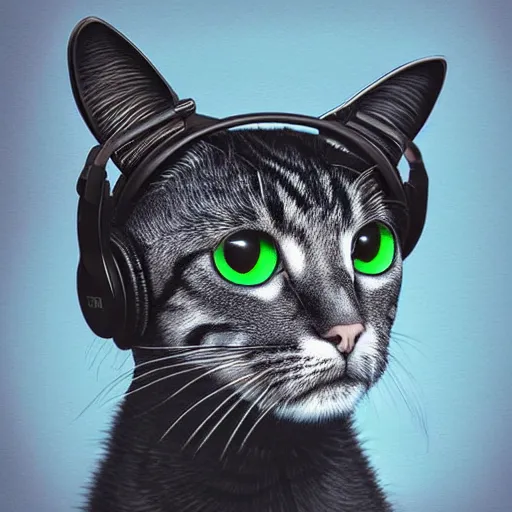 Image similar to artwork of a cat with gaming headphones, by dan mumford, matte painting, hyperrealistic, photorealistic, artstation trending, cmyk