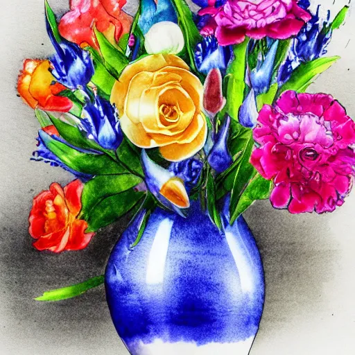 Prompt: a porcelain vase with a colorful and beautiful flower arrangement. very stylize and delicate watercolor and pencil drawing. beautiful lighting, 4 k post - processing, trending in art station, cg society, highly detailed, 5 k extremely detailed, 3 d. cinematic scene.