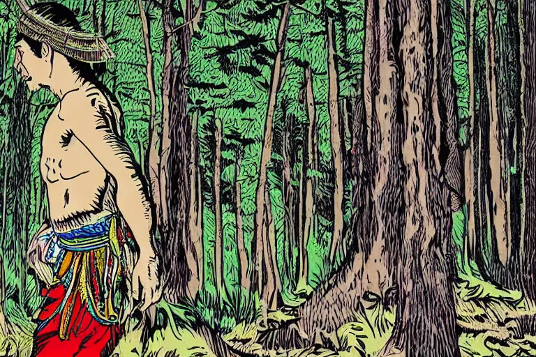 Prompt: a shaman in the forest, by roy lichtenstein, illustation, 8 k, extreme detail, sharp focus