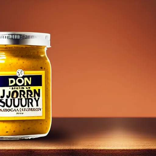 Image similar to Jar of Don Johnson's curry sauce, professional lighting, marketing photo advert, 8k