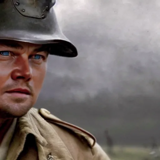 Prompt: leonardo dicaprio as a us ww 2 soldier during the battle of the rhine, cinematic lighting photorealistic highly detailed