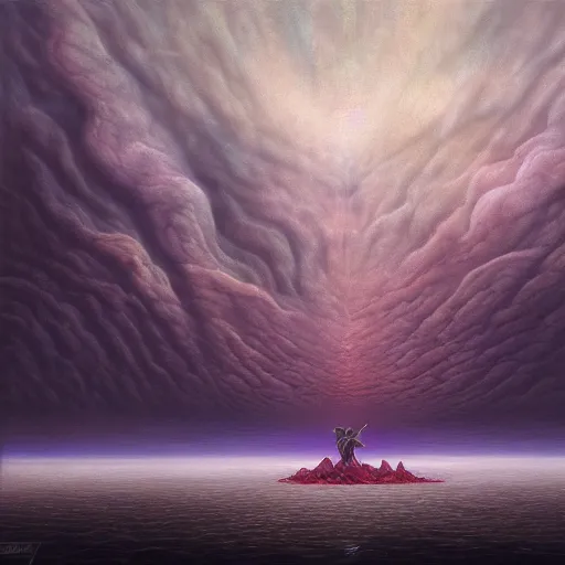 Image similar to a weeping demon crouching in the middle of a shallow sea, purple sky and black clouds, by Dan Seagrave and by Dan Witz, hd, 8k resolution, high detail