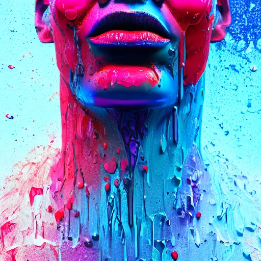 Prompt: a beautiful intricate 3D render of colorful acrylic paint dripping down the face of a humanoid by zach sutton, perfection!, studio lighting, 50mm lens, 3d render, octane render, deep depth of field, artstationHQ, 8K