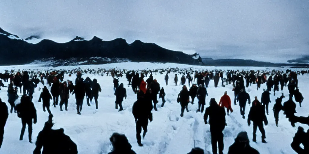 Image similar to filmic wide shot dutch angle movie still 35mm film color photograph of a crowd of people wearing snow clothing running terrified outside in antarctica, blood flying in the air, aurora borealis in the sky, in the style of a 1982 horror film