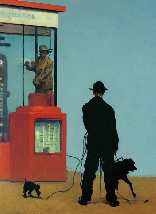 Image similar to two figures and a black dog at gas station with portable oxygen tank in the style of Francis Bacon and Zdzislaw Beksinski, Edward Hopper and Norman Rockwell, highly detailed, very coherent, triadic color scheme