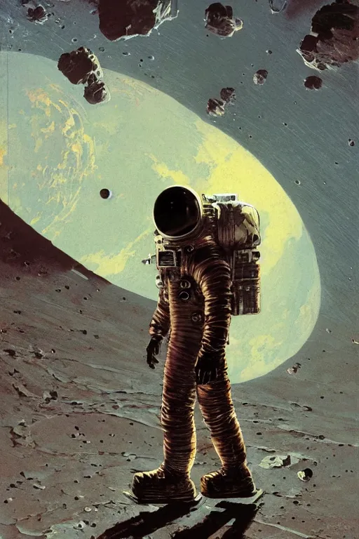 Image similar to fan astronaut stands on the surface of the moon, by norman rockwell, jack kirby, jon berkey, earle bergey, craig mullins, ruan jia, jeremy mann, tom lovell, marvel, astounding stories, 5 0 s pulp illustration, scifi, fantasy, artstation creature concept