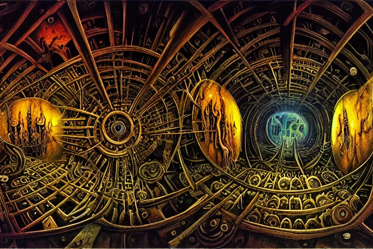 Prompt: the inside of a symmetrical hellish dungeon, mirrors and ancient gears, matte painting, 4 k, epic composition, volumetric light, abstract illusionism, by william stout, roberto da matta, pour paint