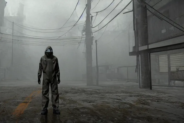 Prompt: a man in a hazmat suit deals with monsters, science lab setting, in the style of silent hill, octane