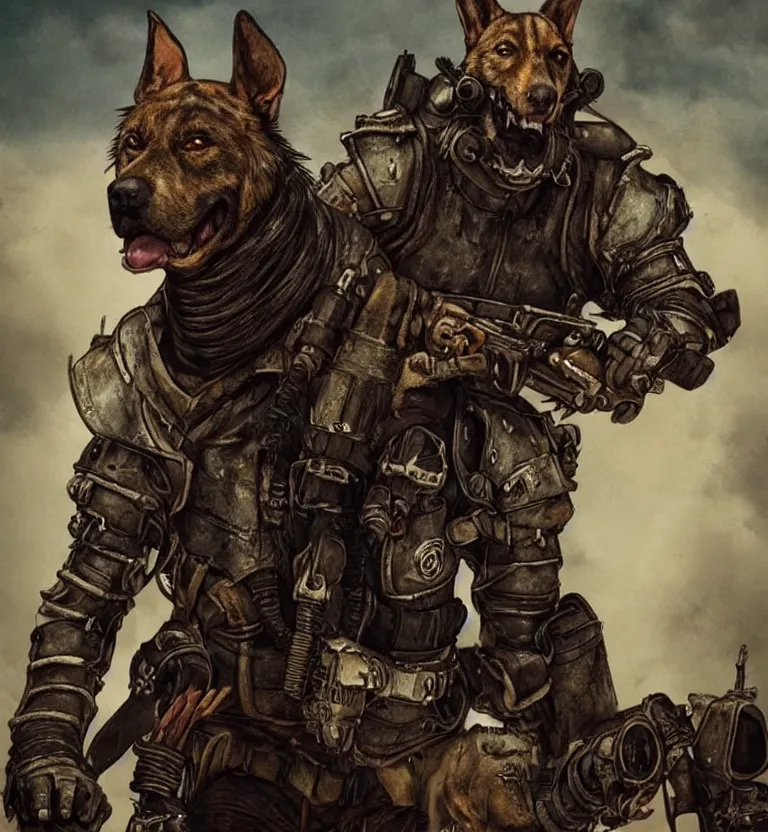 Image similar to a good ol'hound dog fursona ( from the furry fandom ), heavily armed and armored facing down armageddon in a dark and gritty version from the makers of mad max : fury road. witness me.