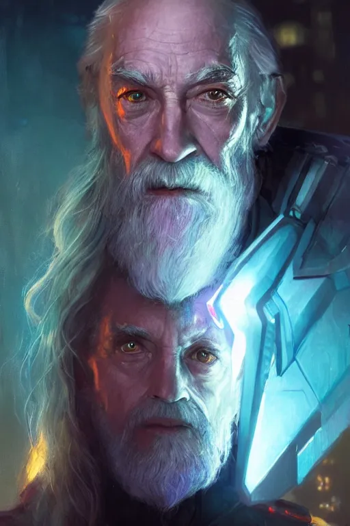 Image similar to portrait of cyborg Dumbledore in cyberpunk, neon lighting, night city, digital art from artstation by Ruan Jia and Mandy Jurgens and Artgerm and william-adolphe bouguereau and Greg Rutkowski