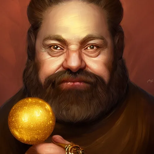 Image similar to symmetrical portrait of a happy dwarf showing off the humongous sparkling gold nugget, realistic, beautiful, fantasy art, dnd, lord of the rings, style of charlie bowater, concept art, sharp focus, ray tracing