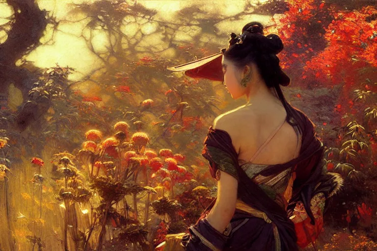 Image similar to wuxia, autumn, garden, neon light, painting by gaston bussiere, craig mullins, j. c. leyendecker