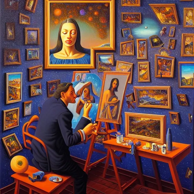 Prompt: an oil on canvas portrait of a man painting a portrait of a beautiful woman surrounded by paintings, surrealism, surrealist, cosmic horror, rob gonsalves, high detail