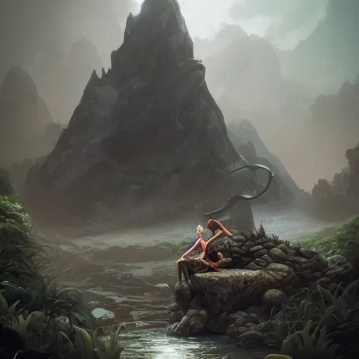 Prompt: gollum sitting on a rock eating a fish, by peter mohrbacher dan mumford craig mullins nekro, cgsociety, pixiv, volumetric light, 3 d render, smoke, dark fog, high contrast colors