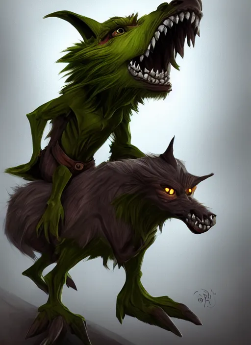 Prompt: Goblin with no legs riding a wolf, digital painting, 8k, HD