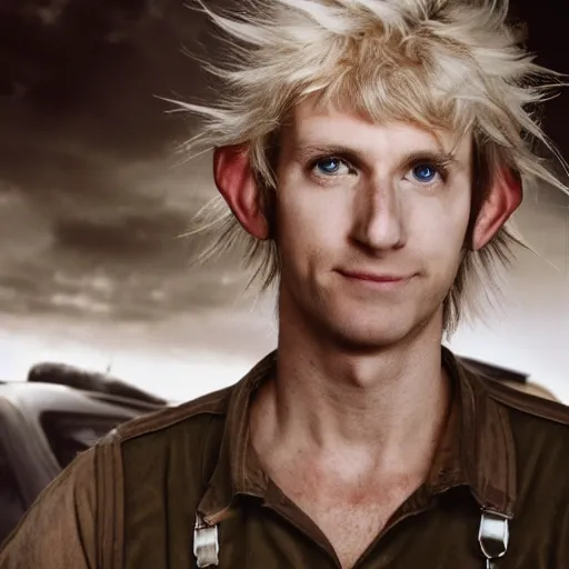 Prompt: close up headshot of a skinny high-fantasy elf with a long face narrow chin and spiky blonde hair wearing dark brown overalls and holding a bomb next to a destroyed car, gel spiked blond hair, small ears, high resolution film still, HDR color