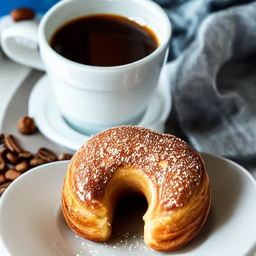 Prompt: peanut butter donut with glazing and peanuts on a beautiful plate with a cup of coffee