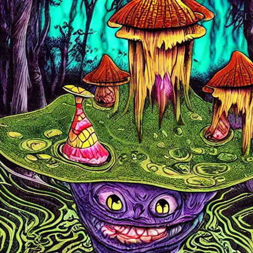 Image similar to scary fairy eating a frog in a psychedelic mushroom village, art style of junji ito, cel animation , masterpiece , post-processing , intricate , legendary matte painting