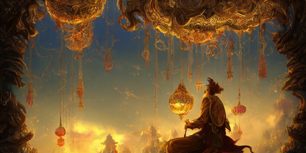 Image similar to painting of a god of wind enjoying his ornate heavenly palace, decorated with windchimes and paper lanterns, stunning nature in background, digital art trending on artstation